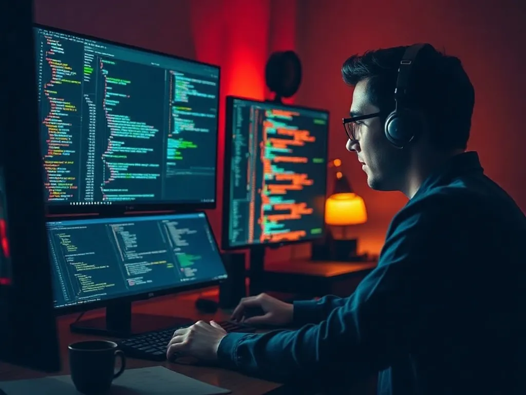 A professional developer working at night, multiple monitors