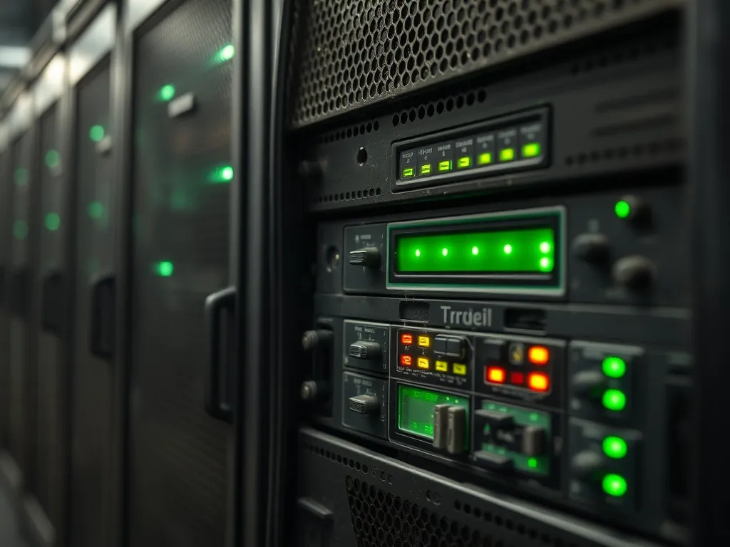 Close up of an old dusty computer server with glowing green